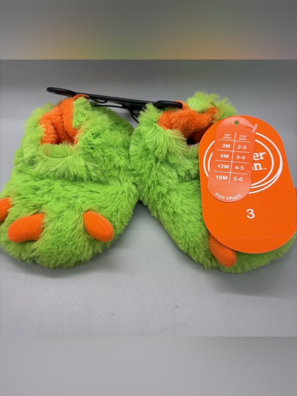wonder nation Green Plush Monster Baby Slippers with Orange Accents